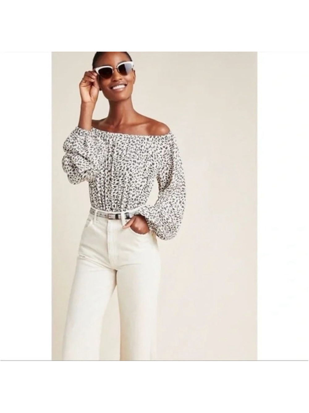 Cascias Anthropologie off the shoulder leopard soft knit blouse bubble arms S